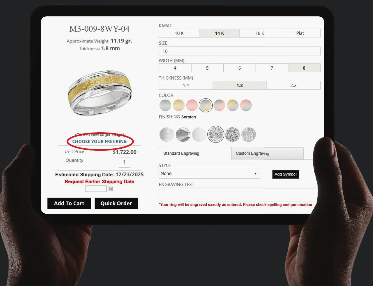 MALO B2B order screen showing the Choose Your Free Ring option